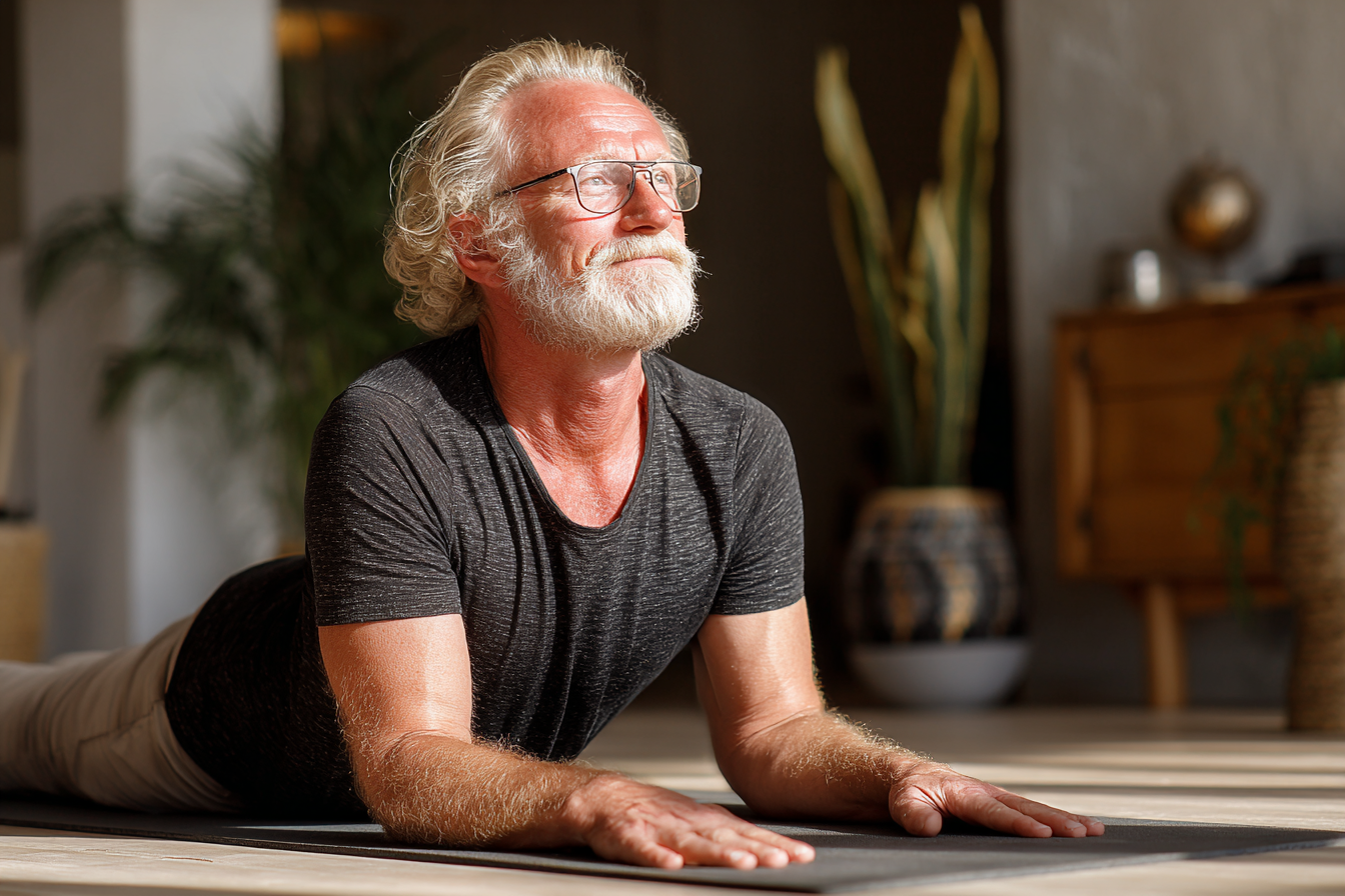 Grup de seniori practicând yoga într-un studio luminos